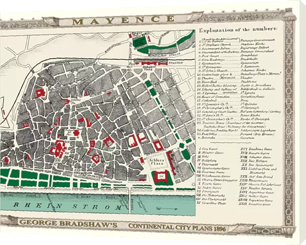 George Bradshaws Plan of Mainz or Mayence, Germany 1896