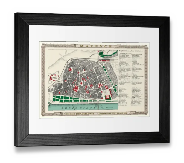 Framed Print : George Bradshaws Plan of Mainz or Mayence, Germany 1896