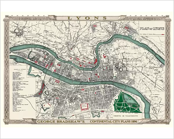 George Bradshaws Plan of Lyons, France 1896