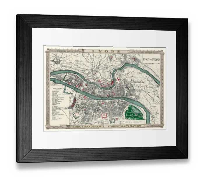 Framed Print : George Bradshaws Plan of Lyons, France 1896 Framed Print : George Bradshaws Plan of Lyons, France 1896