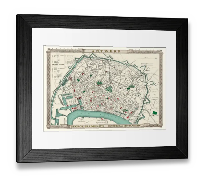 Framed Print : George Bradshaws Plan of Antwerp, Belgium 1896