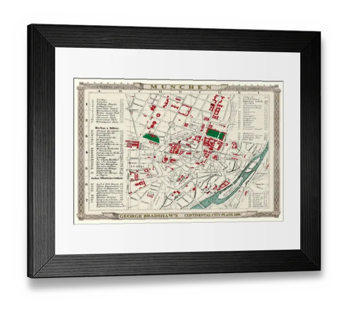 Framed Print : George Bradshaws Plan of Munchen or Munich, Germany 1896 Framed Print : George Bradshaws Plan of Munchen or Munich, Germany 1896