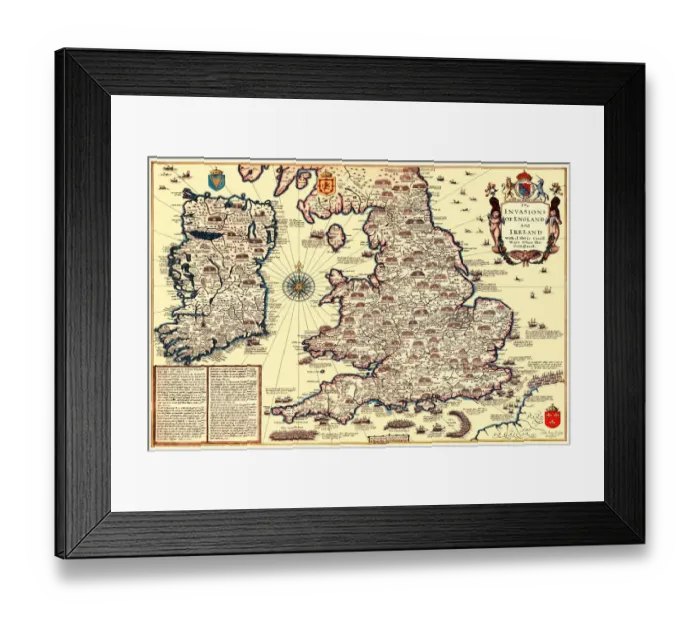 Framed Print : Old Map of The Invasions of England and Ireland by John Speed
