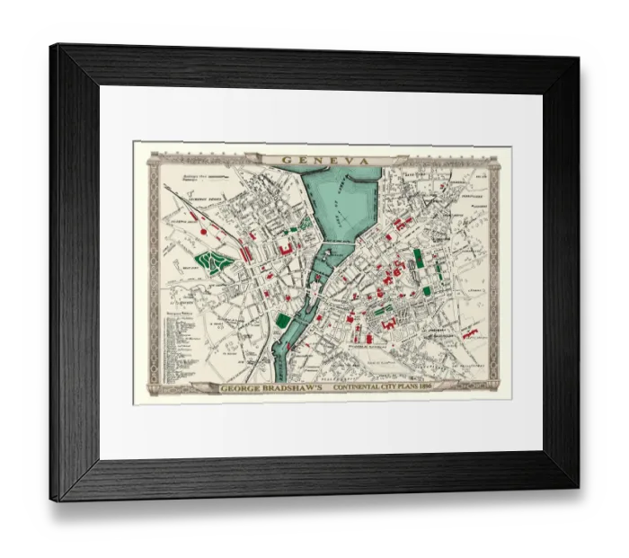 Framed Print : George Bradshaws Plan of Geneva, Switzerland 1896