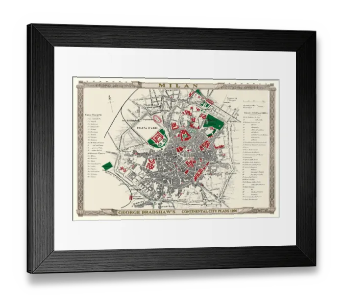 Framed Print : George Bradshaws Plan of Milan, Italy1896 Framed Print : George Bradshaws Plan of Milan, Italy1896