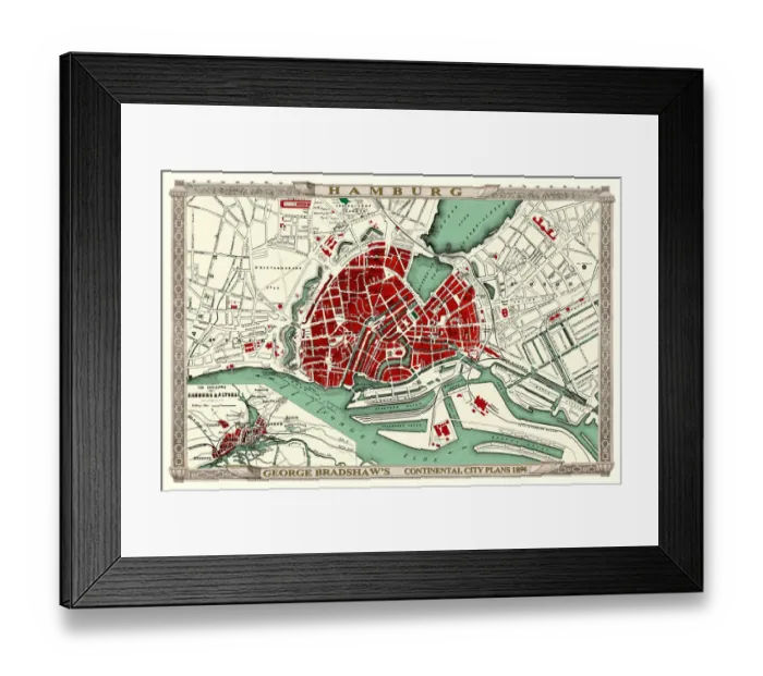 Framed Print : George Bradshaws Plan of Hamburg, Germany 1896