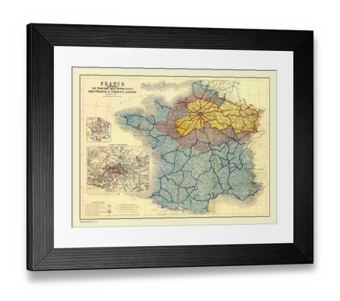 Framed Print : Map of France Showing the Territories held respectively by the French and German Armies January 1871