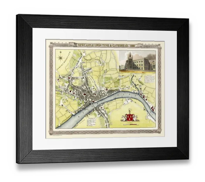 Framed Print : Old Map of Newcastle upon Tyne and Gateshead 1808 by Cole and Roper
