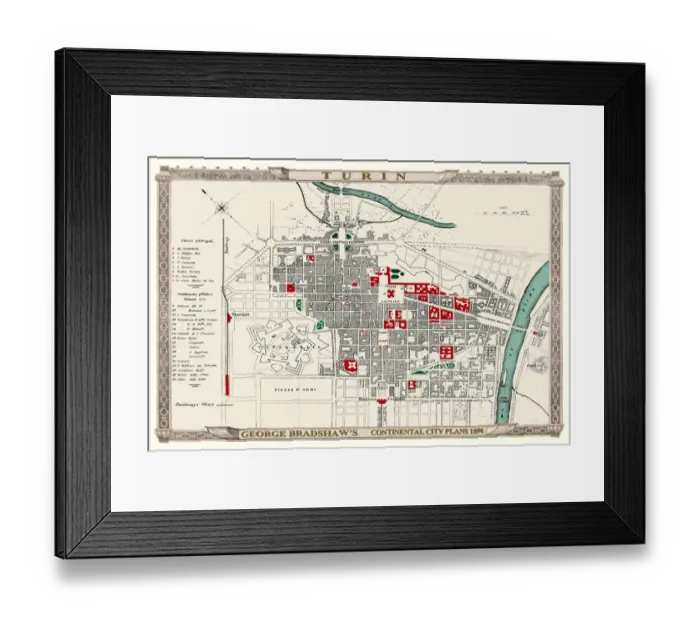 Framed Print : George Bradshaws Plan of Turin, Italy1896 Framed Print : George Bradshaws Plan of Turin, Italy1896
