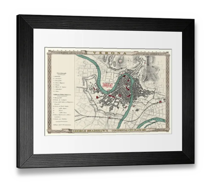 Framed Print : George Bradshaws Plan of Verona, Italy 1896 Framed Print : George Bradshaws Plan of Verona, Italy 1896