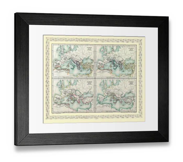 Framed Print : Map of Europe showing how it appeared between AD 565 and AD 720 on 4 map panels for each period Framed Print : Map of Europe showing how it appeared between AD 565 and AD 720 on 4 map panels for each period