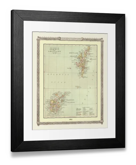 Framed Print : Old Map of the Orkney and Shetland Isles from the Philips Handy Atlas of 1882