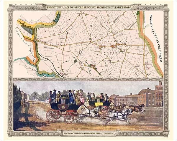 Old Map of the Turnpike Road u Erdington 1833 with Stagecoaches at 'The Green'