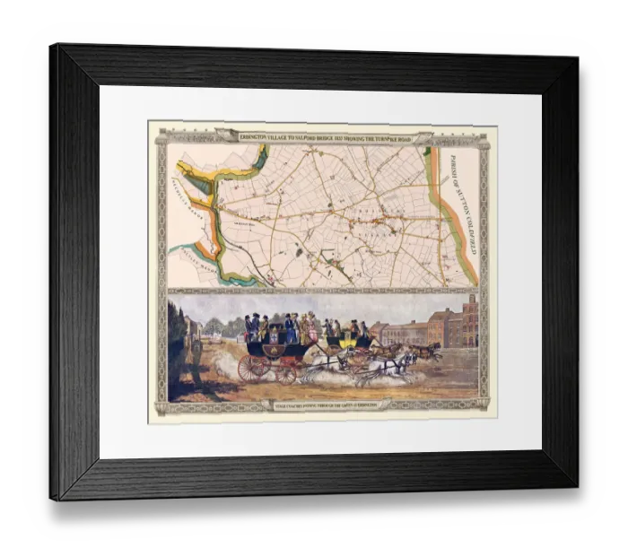 Framed Print : Old Map of the Turnpike Road u Erdington 1833 with Stagecoaches at The Green