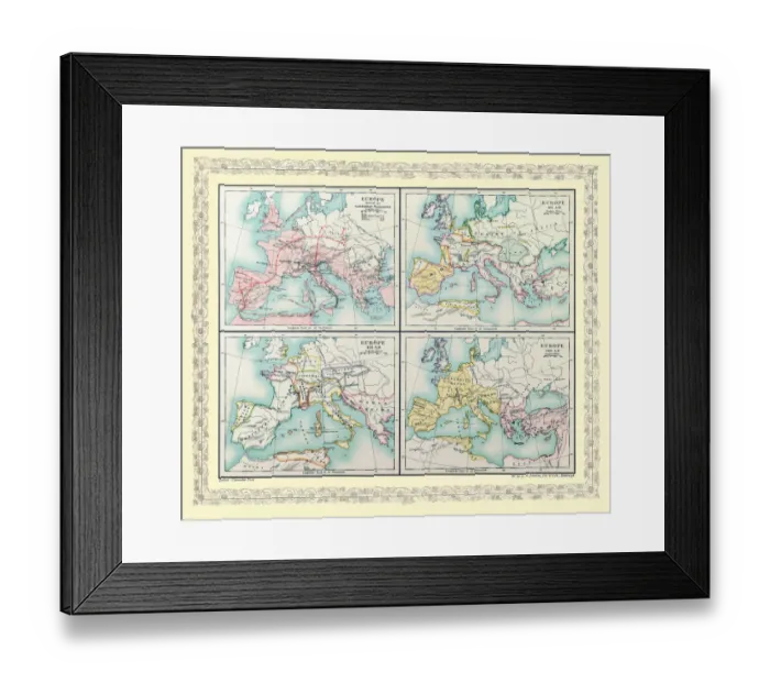 Framed Print : Map of Europe showing the Barbarian Migrations and how Europe appeared between Ad 451 and AD 500 on 4 map panels Framed Print : Map of Europe showing the Barbarian Migrations and how Europe appeared between Ad 451 and AD 500 on 4 map panels