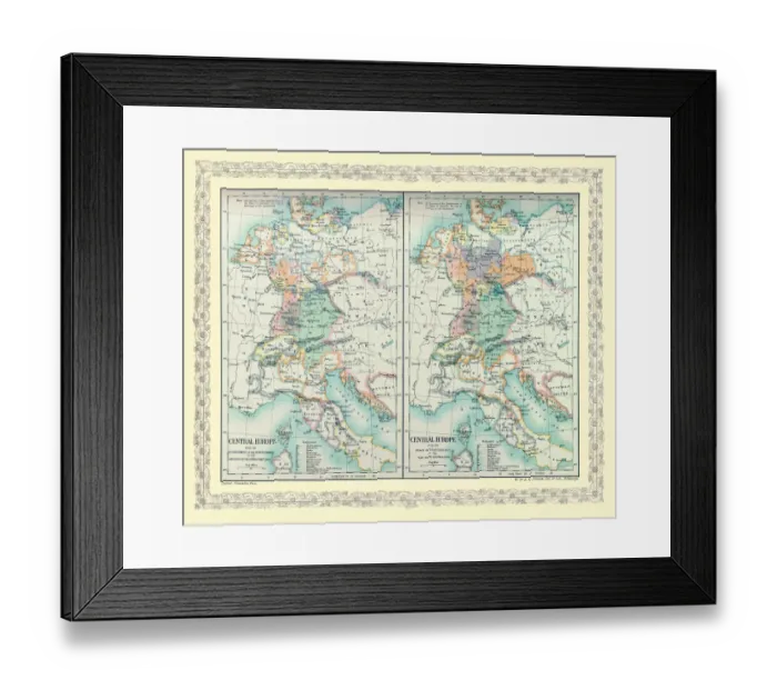 Framed Print : Two Maps of Central Europe that illustrate how the region looked during the years of conflict between AD 1804 and AD 1809