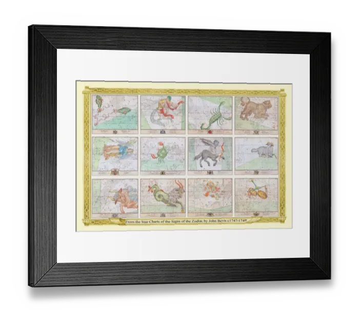 Framed Print : Complete Set of Bevis Star Charts of the Signs of the Zodiac in Early Color Framed Print : Complete Set of Bevis Star Charts of the Signs of the Zodiac in Early Color
