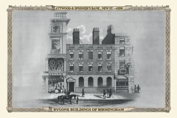 Framed Print : Attwood & Spooners Bank, New Street Birmingham 1830 Framed Print : Attwood & Spooners Bank, New Street Birmingham 1830