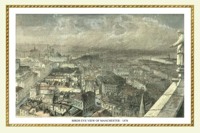 Framed Print : Birds Eye View of Manchester from the New Town Hall Tower 1876 Framed Print : Birds Eye View of Manchester from the New Town Hall Tower 1876