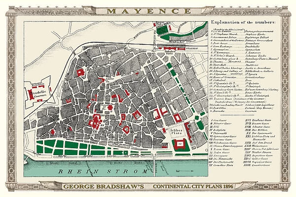 George Bradshaw's Plan of Mainz or Mayence, Germany 1896