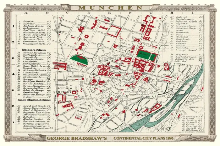 Framed Print : George Bradshaws Plan of Munchen or Munich, Germany 1896 Framed Print : George Bradshaws Plan of Munchen or Munich, Germany 1896