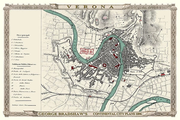George Bradshaw's Plan of Verona, Italy 1896