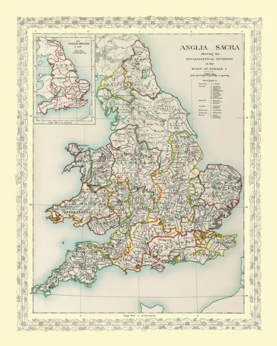 Framed Print : Map of England and Wales showing the Ecclesiastical Divisions in the reign of Edward I Framed Print : Map of England and Wales showing the Ecclesiastical Divisions in the reign of Edward I
