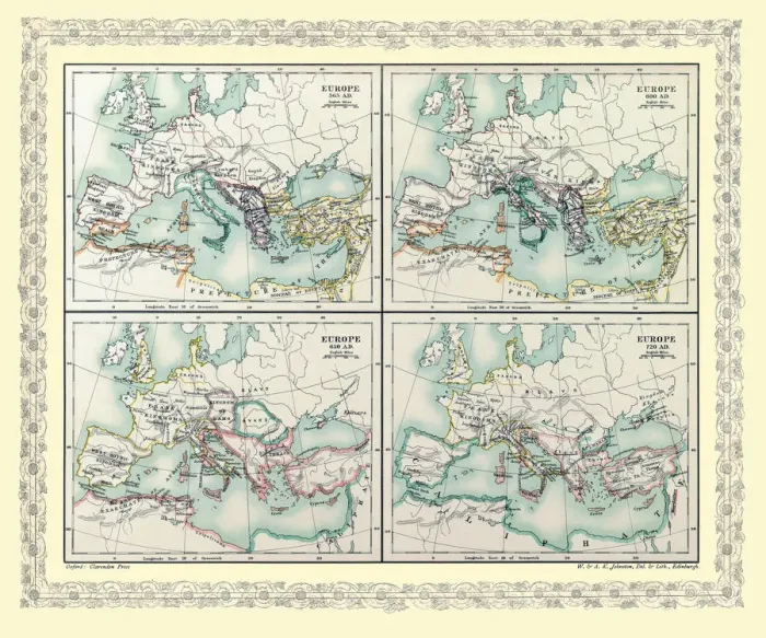 Framed Print : Map of Europe showing how it appeared between AD 565 and AD 720 on 4 map panels for each period Framed Print : Map of Europe showing how it appeared between AD 565 and AD 720 on 4 map panels for each period
