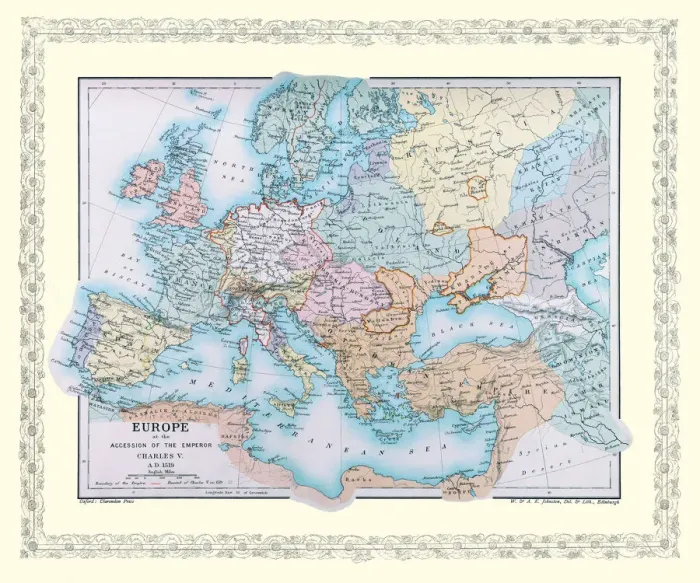 Framed Print : Map of Europe showing how it appeared at the time of the Accession of The Emperor Charles V in AD 1519 Framed Print : Map of Europe showing how it appeared at the time of the Accession of The Emperor Charles V in AD 1519