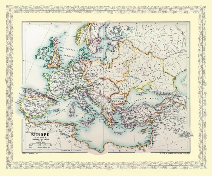 Framed Print : Map of Europe showing how it appeared in the time of Charles the Great AD 768 - AD 814