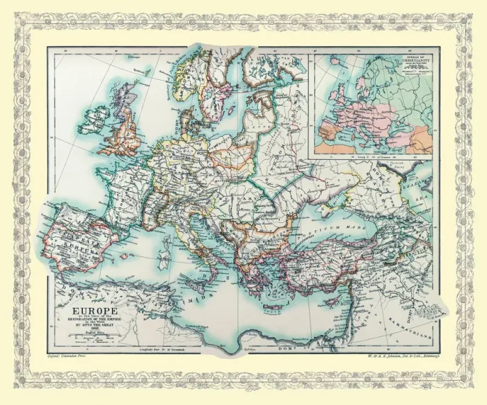 Framed Print : Map of Europe showing how it appeared at the time of the Restoration of the Empire in the Wwest by Otto The Great AD 962 Framed Print : Map of Europe showing how it appeared at the time of the Restoration of the Empire in the Wwest by Otto The Great AD 962