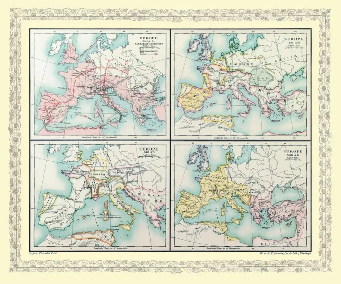 Framed Print : Map of Europe showing the Barbarian Migrations and how Europe appeared between Ad 451 and AD 500 on 4 map panels Framed Print : Map of Europe showing the Barbarian Migrations and how Europe appeared between Ad 451 and AD 500 on 4 map panels