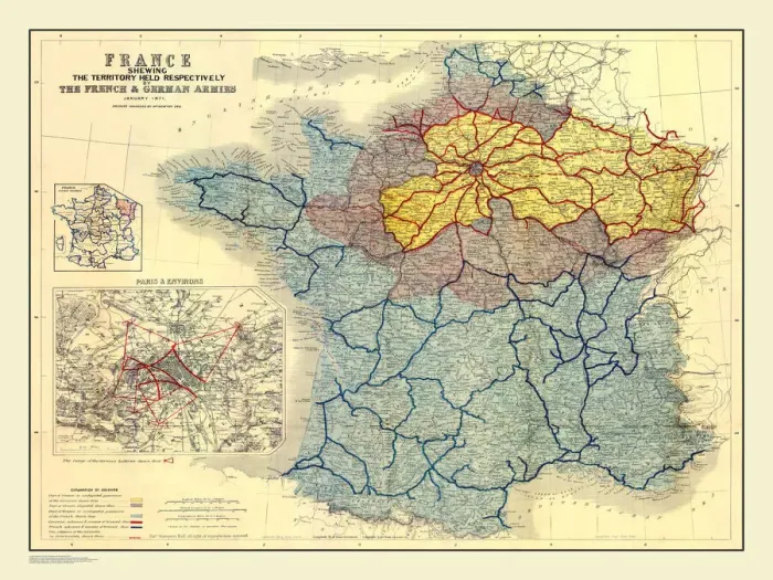 Framed Print : Map of France Showing the Territories held respectively by the French and German Armies January 1871