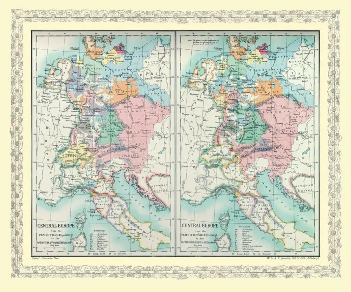 Framed Print : Two Maps of Central Europe that illustrate how the region looked during the years of conflict between AD 1795 and AD 1803 Framed Print : Two Maps of Central Europe that illustrate how the region looked during the years of conflict between AD 1795 and AD 1803