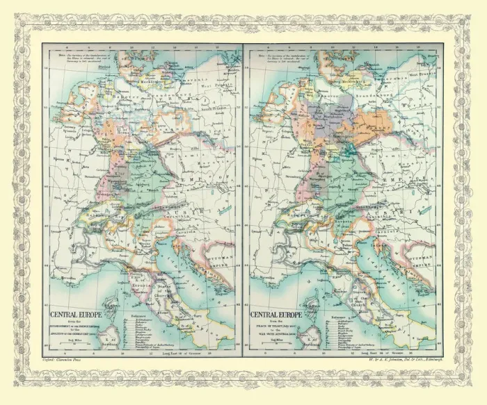 Framed Print : Two Maps of Central Europe that illustrate how the region looked during the years of conflict between AD 1804 and AD 1809