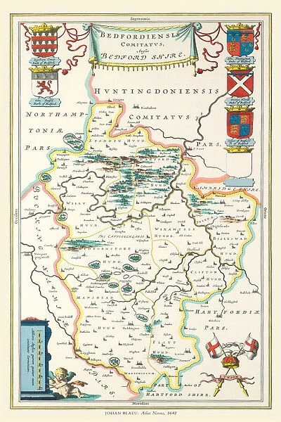 Old County Map of Bedfordshire 1648 by Johan Blaeu from the Atlas Novus