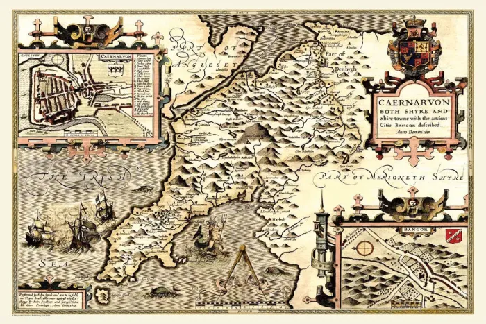 Framed Print : Old County Map of Caernarvonshire, Wales 1611 by John Speed Framed Print : Old County Map of Caernarvonshire, Wales 1611 by John Speed