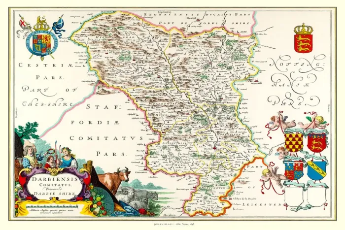 Framed Print : Old County Map of Derbyshire 1648 by Johan Blaeu from the Atlas Novus