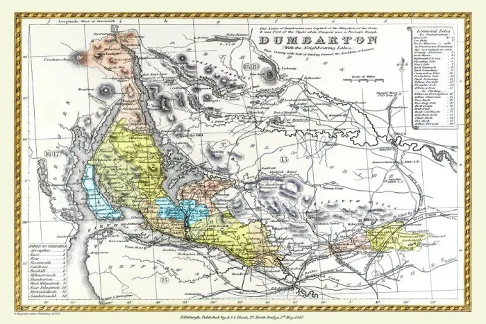 Framed Print : Old County Map of Dunbartonshire, formally called Dumbartonshire, Scotland 1847 by A&C Black
