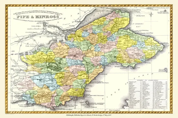 Framed Print : Old County Map of Fife and Kinross Scotland 1847 by A&C Black Framed Print : Old County Map of Fife and Kinross Scotland 1847 by A&C Black