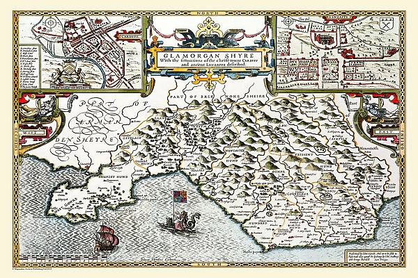 Old County Map of Glamorganshire, Wales 1611 by John Speed