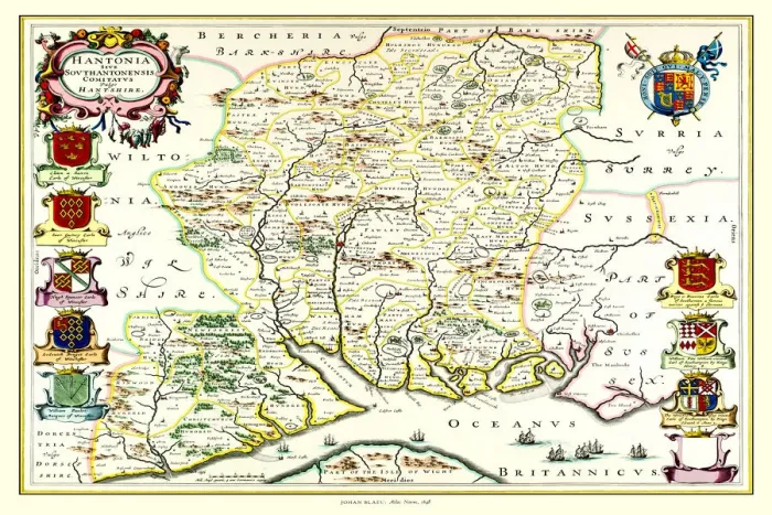 Framed Print : Old County Map of Hampshire 1648 by Johan Blaeu from the Atlas Novus