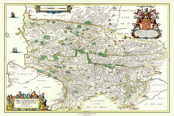 Old County Map of Kyle and Mid Ayrshire 1654 by johan Blaeu from the Atlas Novus