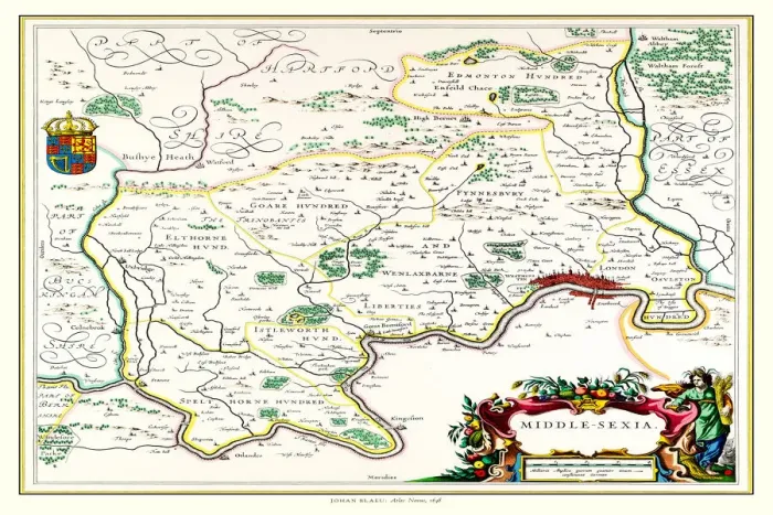 Framed Print : Old County Map of Middlesex 1648 by Johan Blaue from the Atlas Novus Framed Print : Old County Map of Middlesex 1648 by Johan Blaue from the Atlas Novus