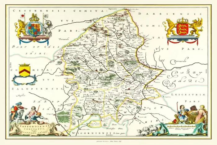 Framed Print : Old County Map of Staffordshire 1648 by Johan Blaeu from the Atlas Novus