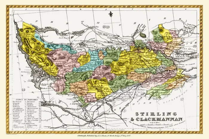 Framed Print : Old County Map of Stirling and Clackmannan Scotland 1847 by A&C Black Framed Print : Old County Map of Stirling and Clackmannan Scotland 1847 by A&C Black