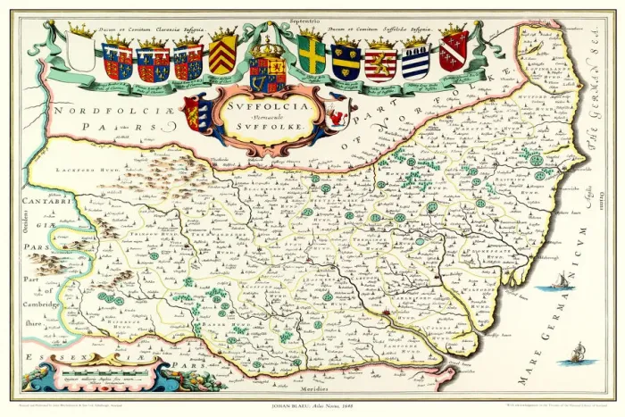 Framed Print : Old County Map of Suffolk 1648 by Johan Blaeu from the Atlas Novus
