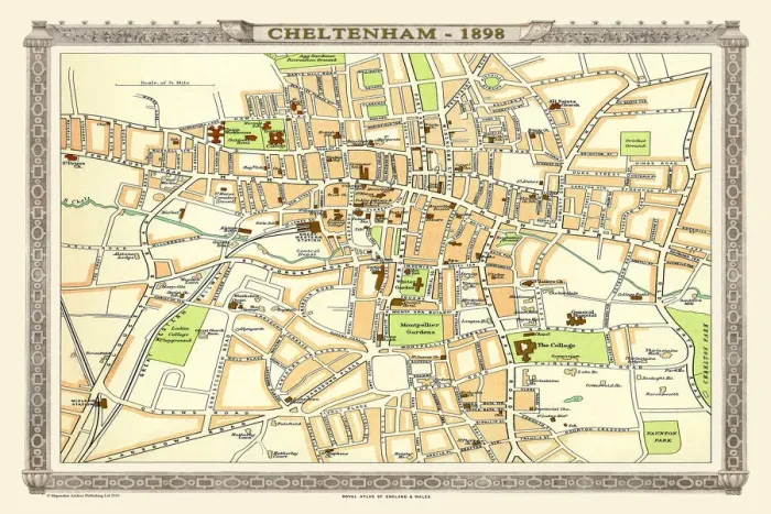 Framed Print : Old Map of Central Cheltenham 1898 from the Royal Atlas by Bartholomew Framed Print : Old Map of Central Cheltenham 1898 from the Royal Atlas by Bartholomew