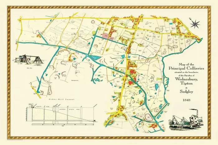 Framed Print : Old Map of the Collieries of Tipton, Sedgley and Wednesbury 1848 Framed Print : Old Map of the Collieries of Tipton, Sedgley and Wednesbury 1848