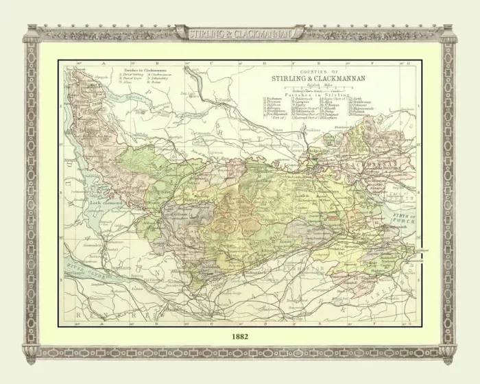 Framed Print : Old Map of the Counties of Stirling and Clackmannan from the Philips Handy Atlas of 1882 Framed Print : Old Map of the Counties of Stirling and Clackmannan from the Philips Handy Atlas of 1882